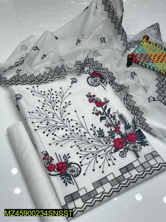 3 Psc Women s Unstitched Organza Embroidered Suit